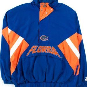 VINTAGE STARTER HOODED PUFFER FOOTBALL JACKET X LARGE..NCAA, HALF ZIP,SIDE ZIP
